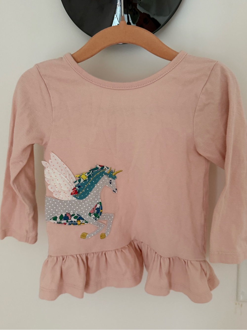 Baby Boden Pink Long-Sleeve Top with Unicorn Applique and Ruffle Hem
